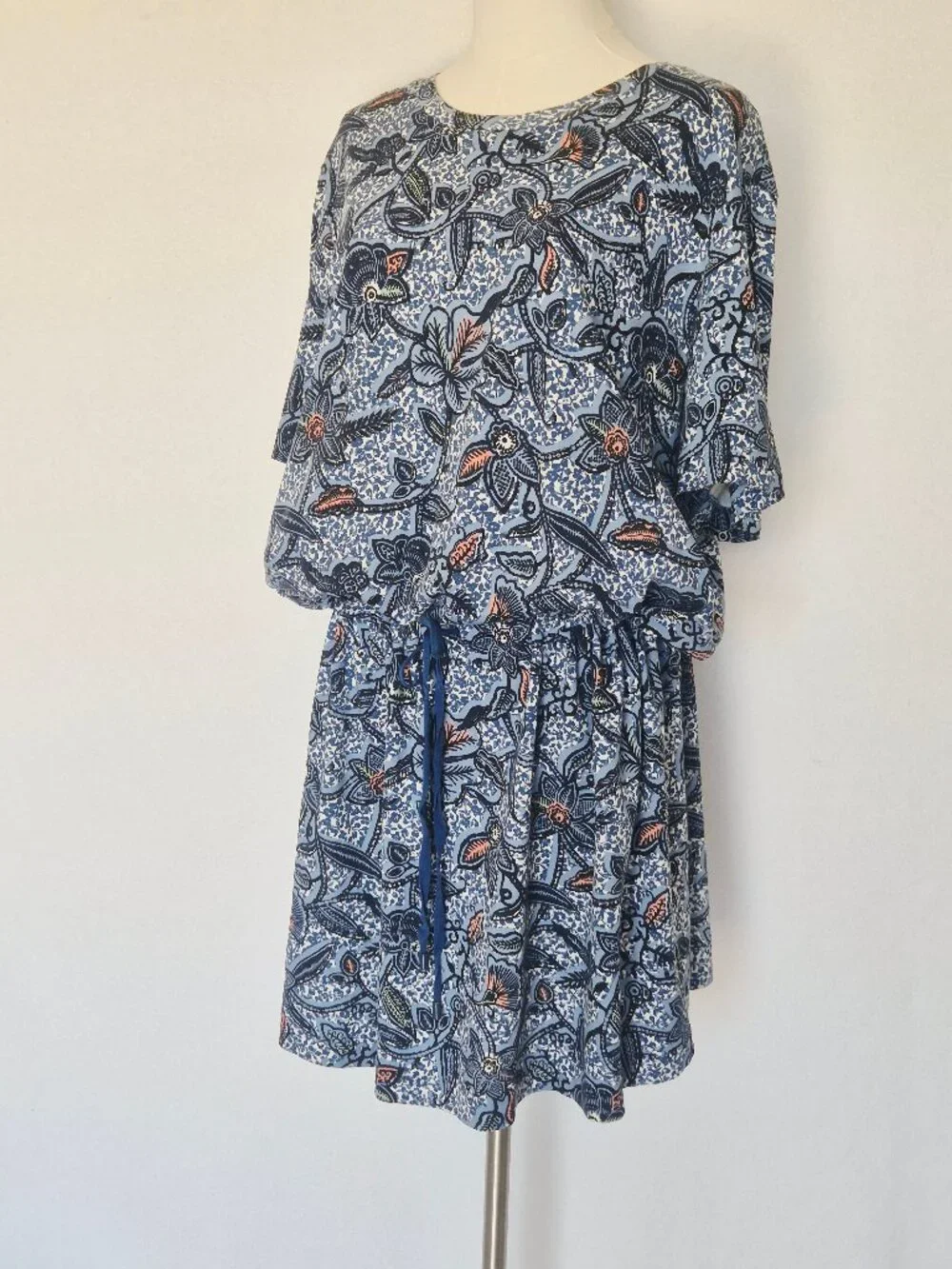 Tory Burch Floral Dropwaist Drawstring Dress Short Sleeve Blue Knit Pima Cotton